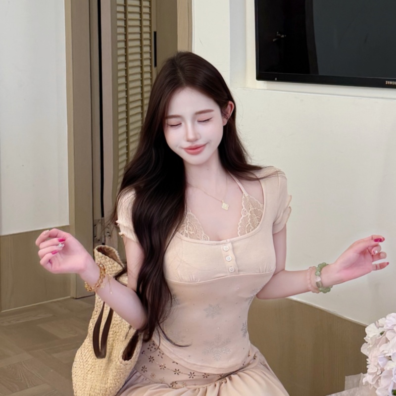 Casual short sleeve summer tops slim lace T-shirt for women