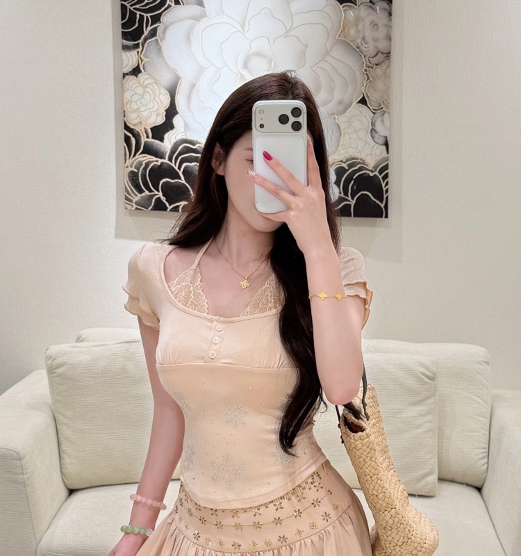 Casual short sleeve summer tops slim lace T-shirt for women