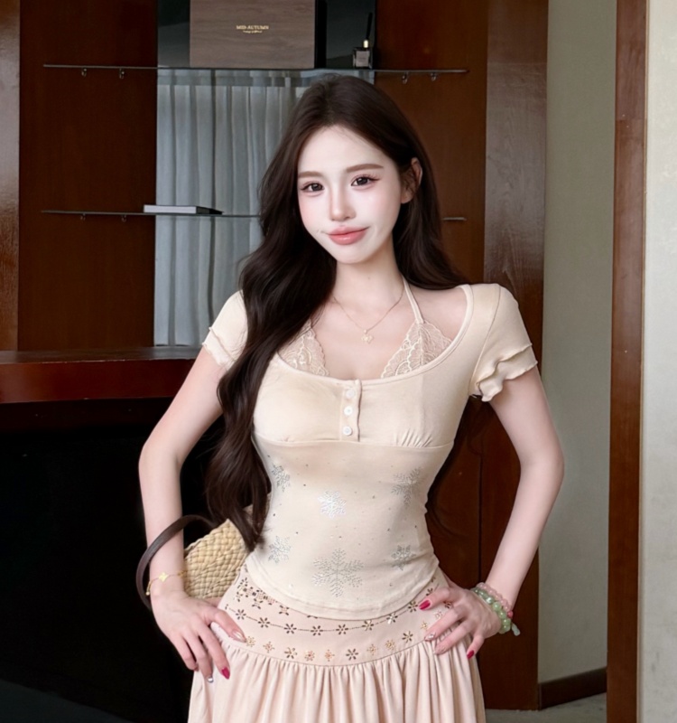 Casual short sleeve summer tops slim lace T-shirt for women