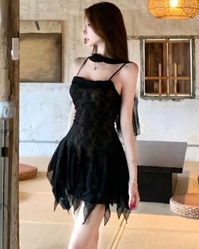 Lace sexy pinched waist enticement black sling dress