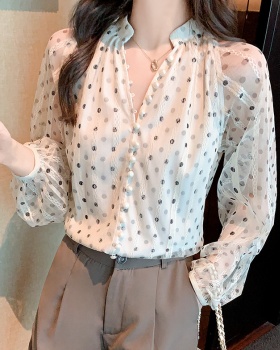 Gauze splice long sleeve autumn V-neck shirt for women