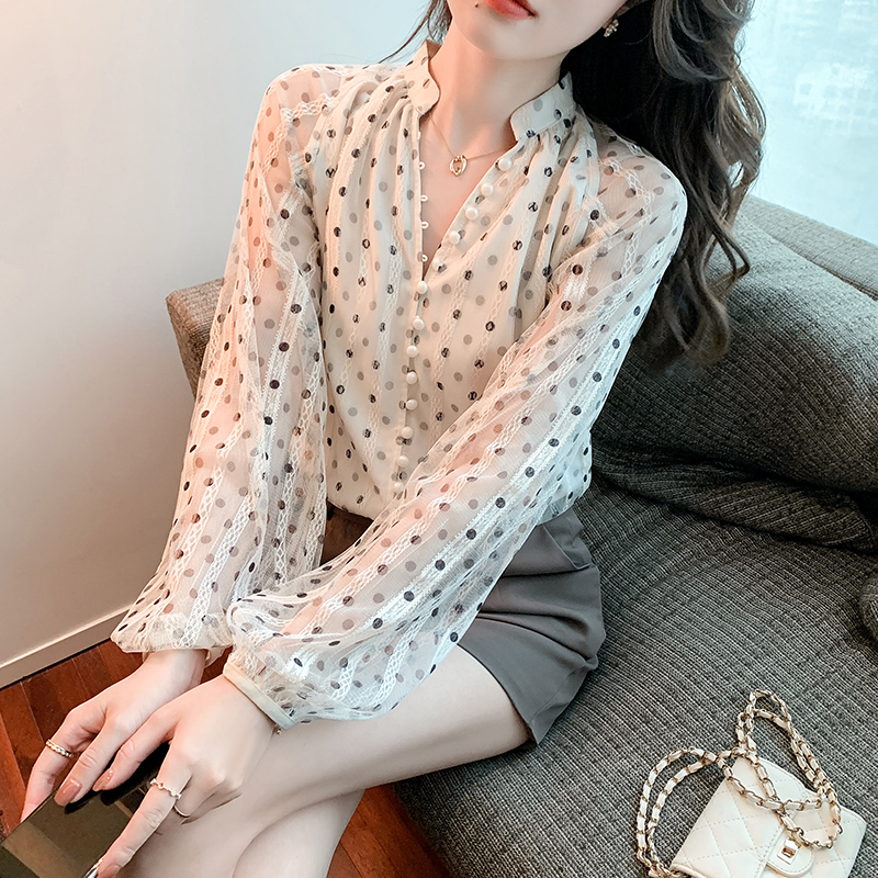Gauze splice long sleeve autumn V-neck shirt for women