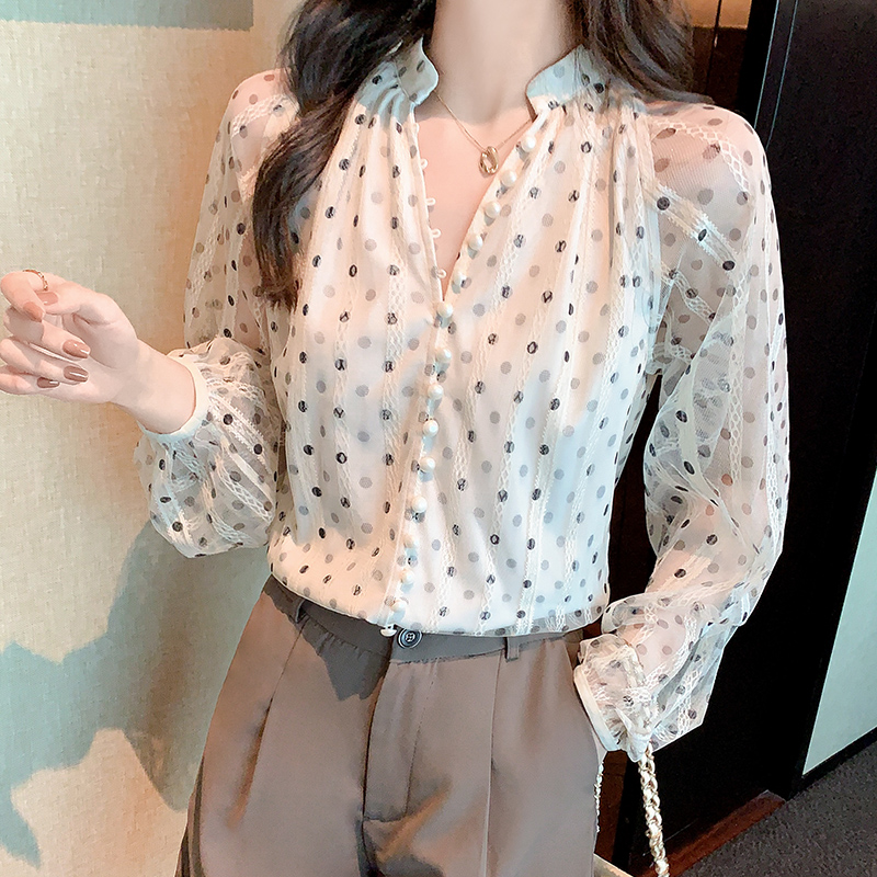 Gauze splice long sleeve autumn V-neck shirt for women