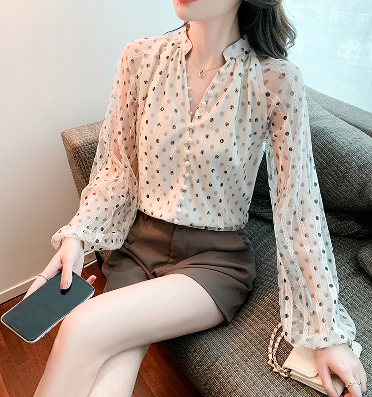 Gauze splice long sleeve autumn V-neck shirt for women
