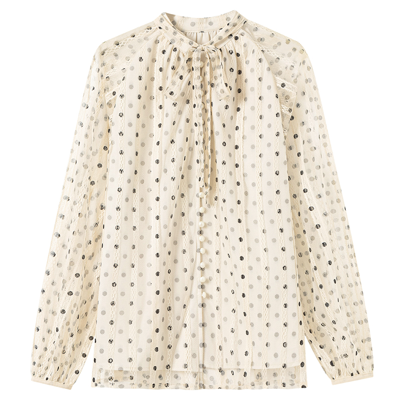 Gauze splice long sleeve autumn V-neck shirt for women