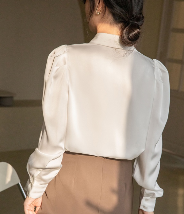 Slim autumn long sleeve shirt satin V-neck tops for women