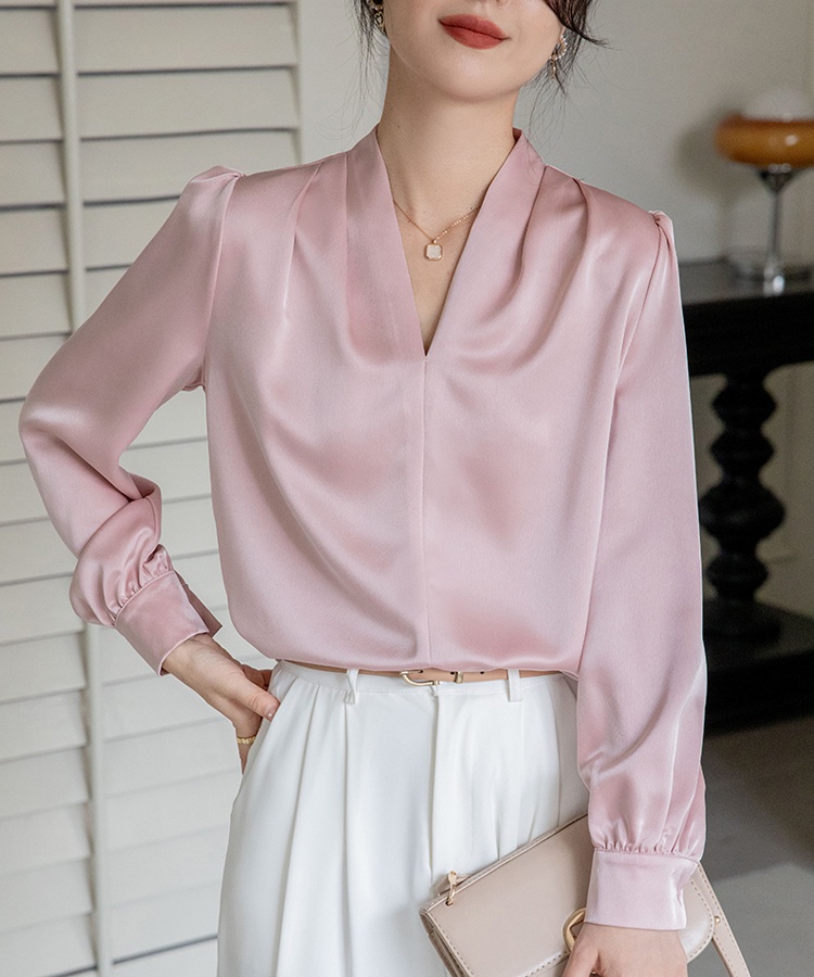 Slim autumn long sleeve shirt satin V-neck tops for women