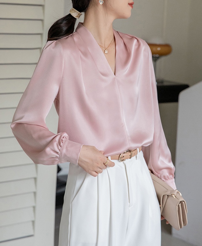 Slim autumn long sleeve shirt satin V-neck tops for women