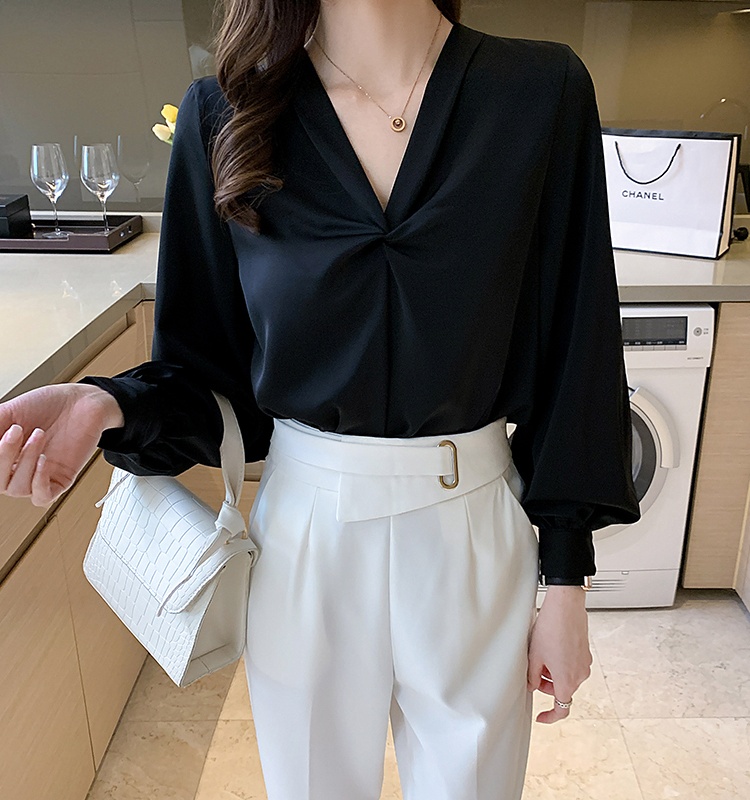 Long sleeve autumn tops all-match V-neck shirt
