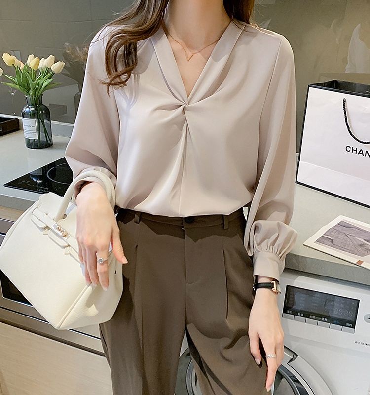 Long sleeve autumn tops all-match V-neck shirt