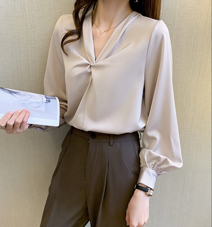 Long sleeve autumn tops all-match V-neck shirt