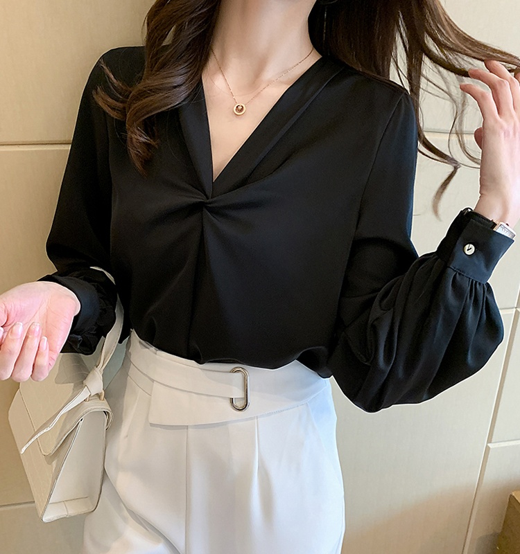 Long sleeve autumn tops all-match V-neck shirt