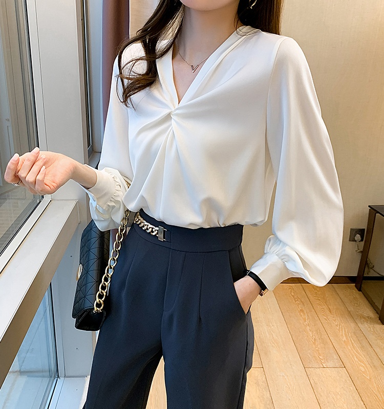 Long sleeve autumn tops all-match V-neck shirt