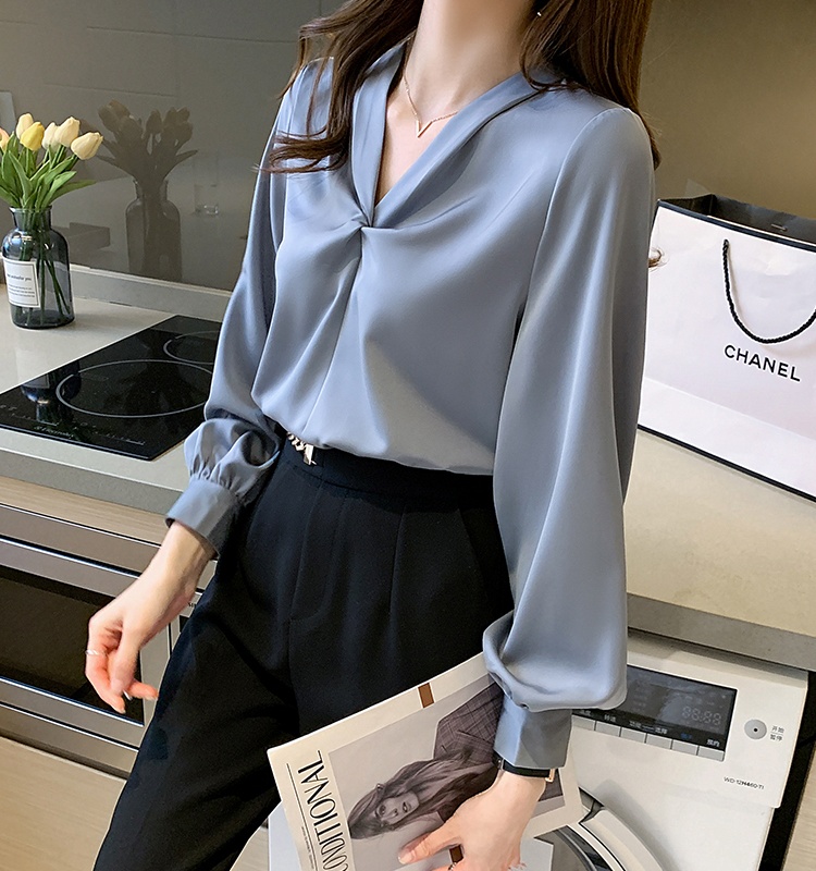 Long sleeve autumn tops all-match V-neck shirt
