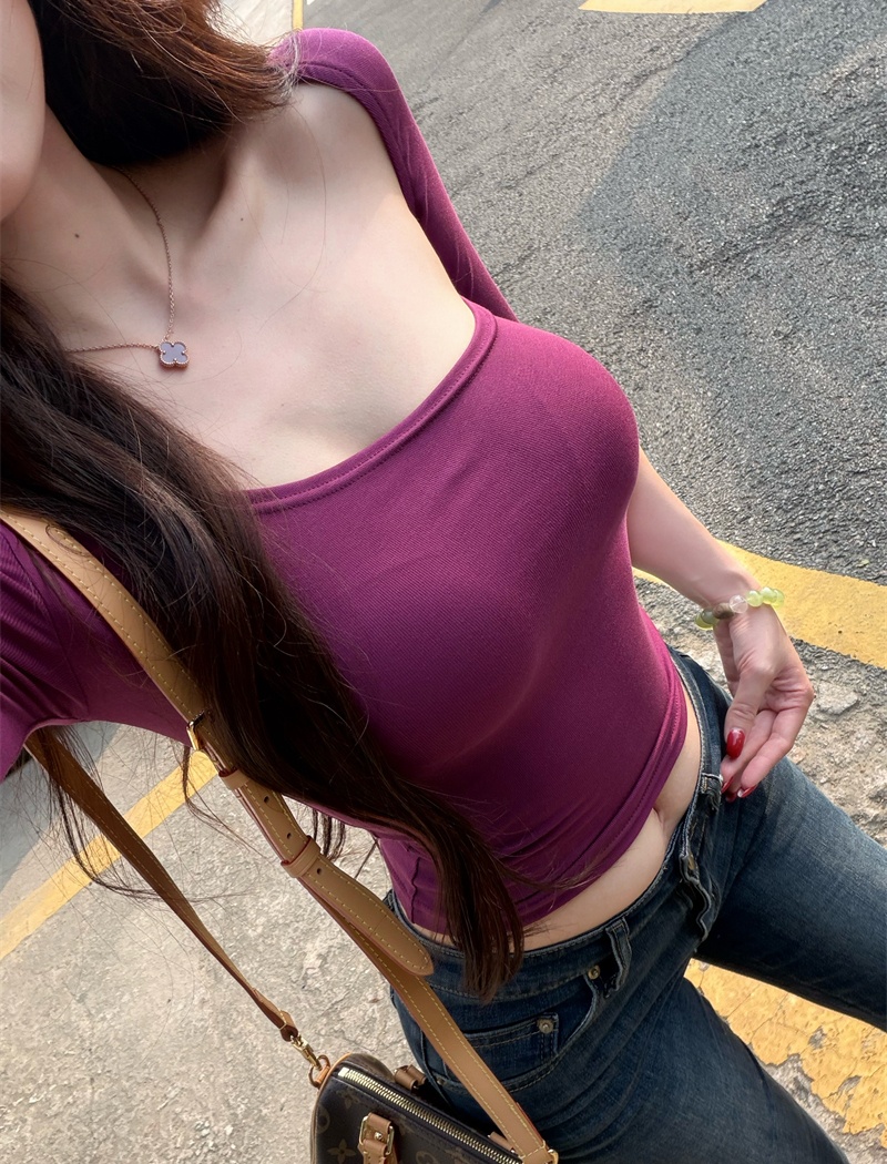 Short slim T-shirt spring and summer irregular collar tops