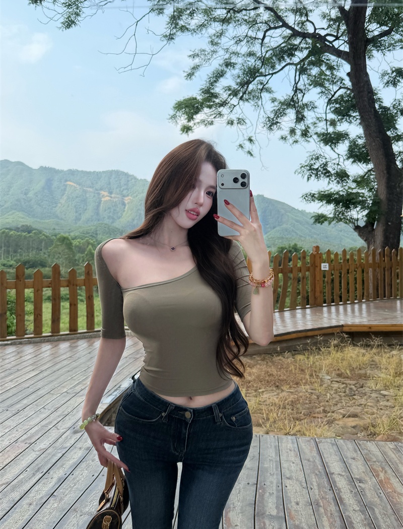 Short slim T-shirt spring and summer irregular collar tops