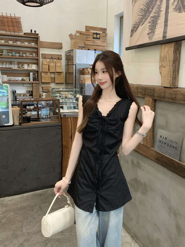 Slim pinched waist all-match tops lace summer vest for women