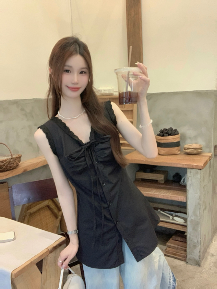 Slim pinched waist all-match tops lace summer vest for women