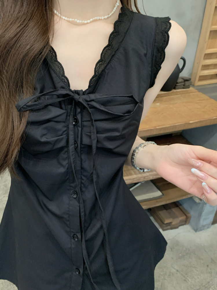 Slim pinched waist all-match tops lace summer vest for women