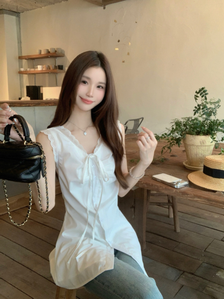 Slim pinched waist all-match tops lace summer vest for women