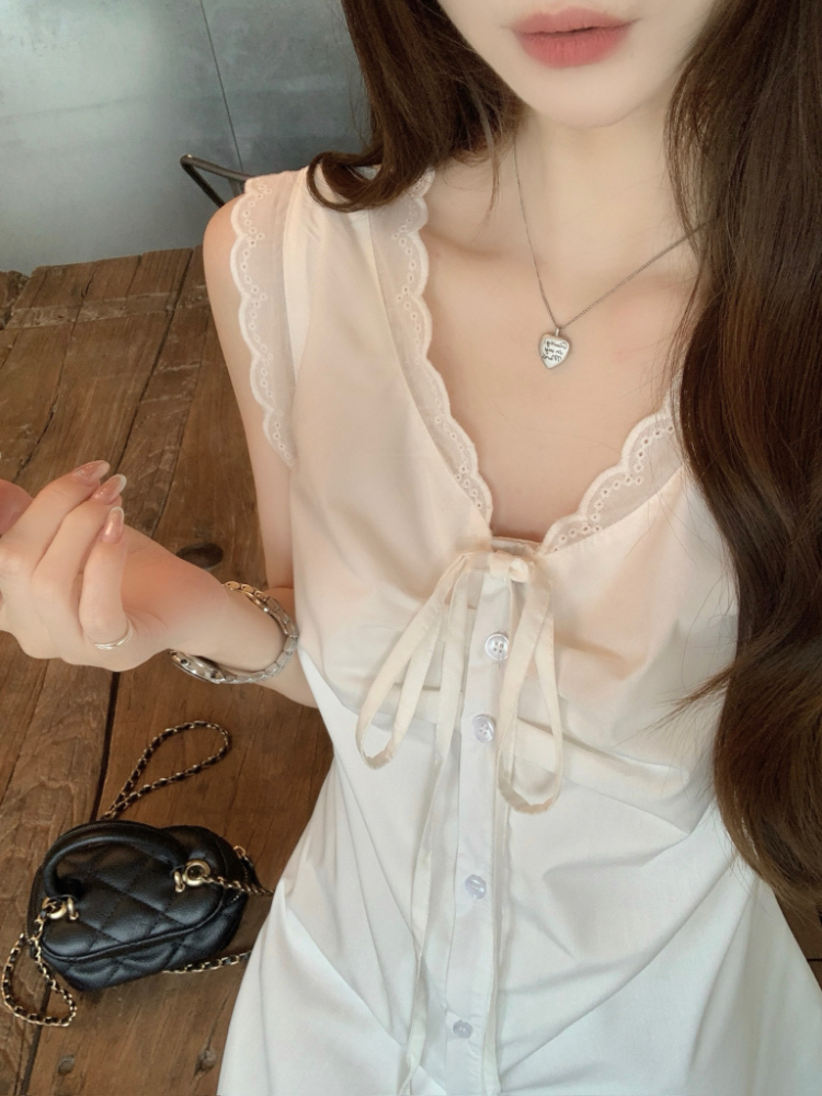Slim pinched waist all-match tops lace summer vest for women