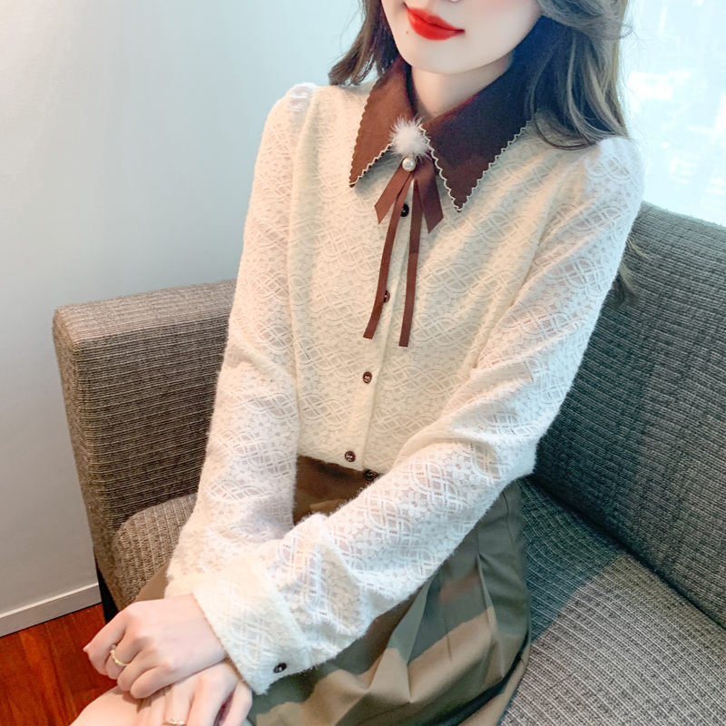 Long sleeve lace embroidered temperament shirt for women
