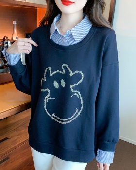 Autumn loose fashion hoodie splice Pseudo-two tops