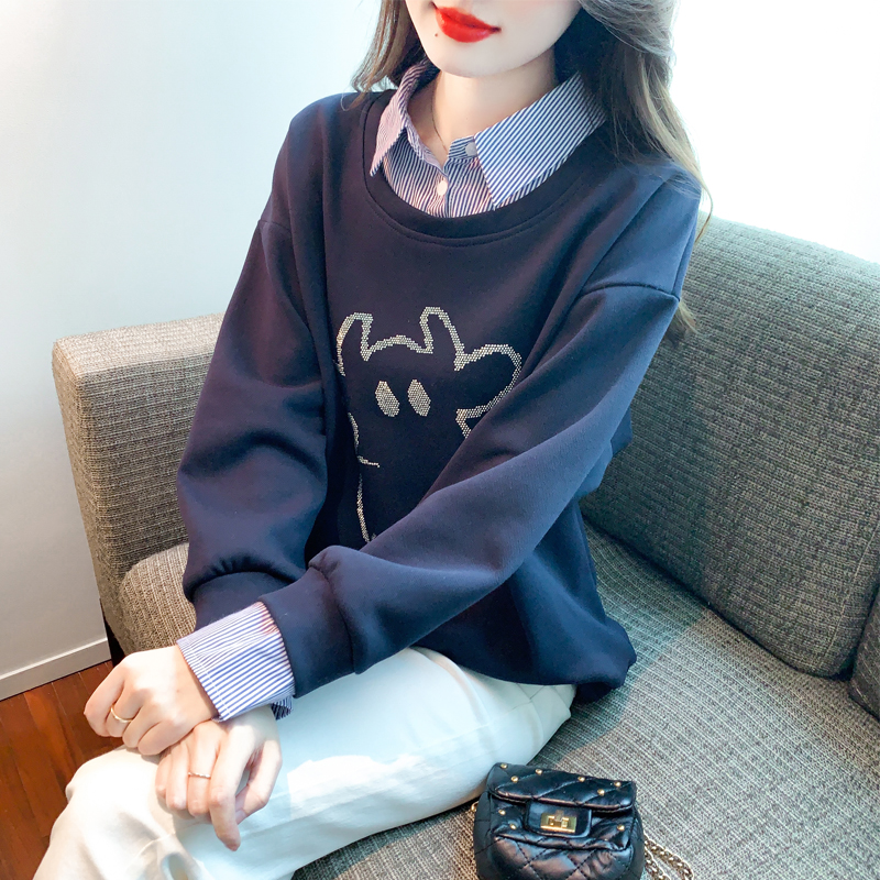 Autumn loose fashion hoodie splice Pseudo-two tops