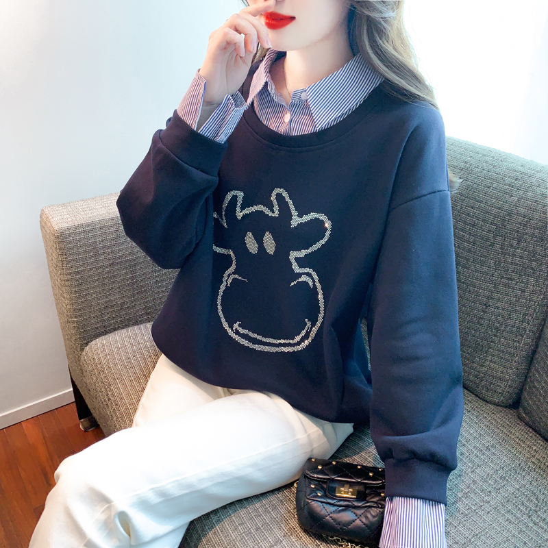 Autumn loose fashion hoodie splice Pseudo-two tops