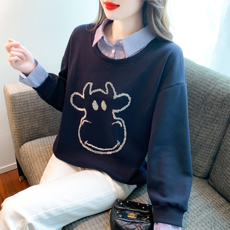 Autumn loose fashion hoodie splice Pseudo-two tops