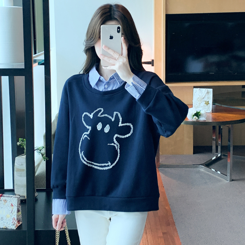 Autumn loose fashion hoodie splice Pseudo-two tops