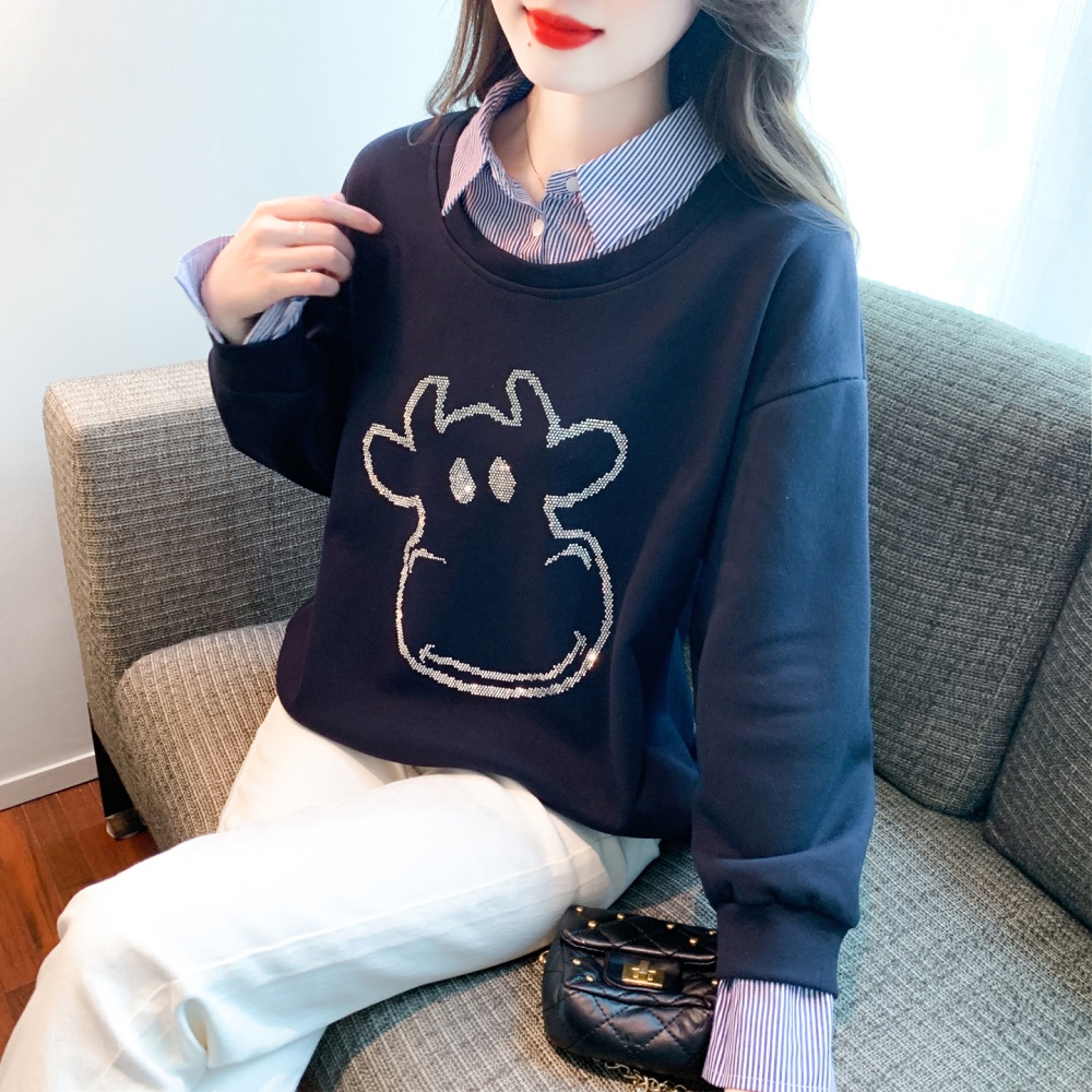 Autumn loose fashion hoodie splice Pseudo-two tops