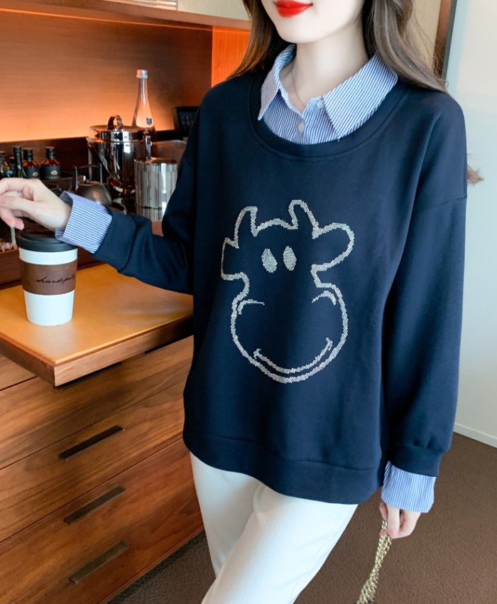 Autumn loose fashion hoodie splice Pseudo-two tops