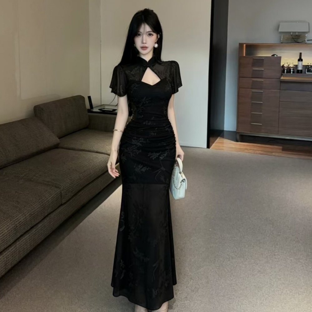 Boats sleeve pinched waist cheongsam long dress for women