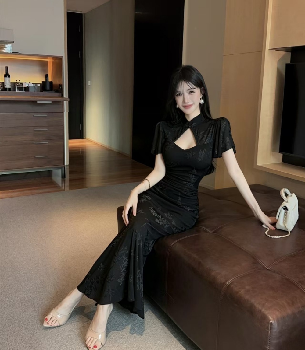 Boats sleeve pinched waist cheongsam long dress for women