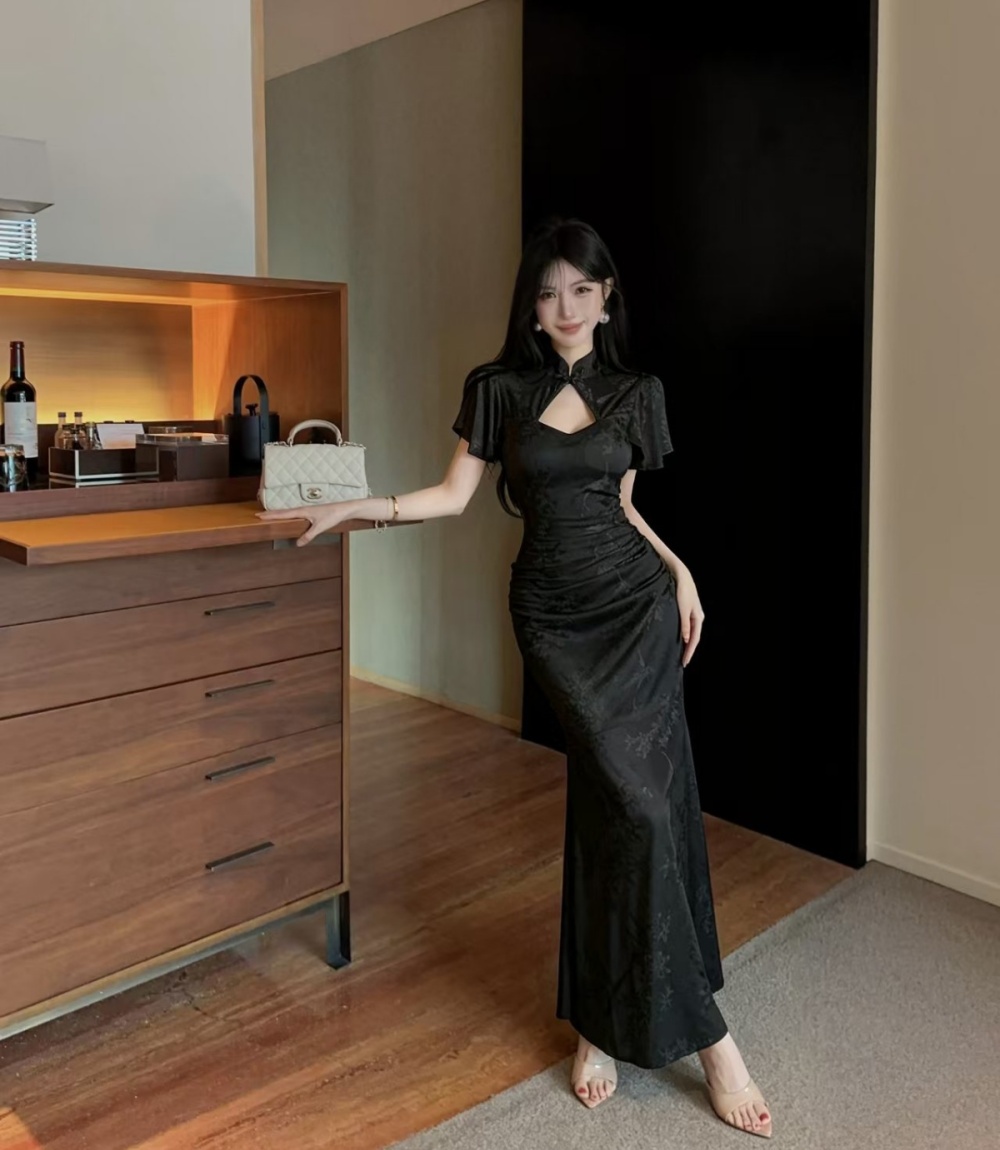 Boats sleeve pinched waist cheongsam long dress for women