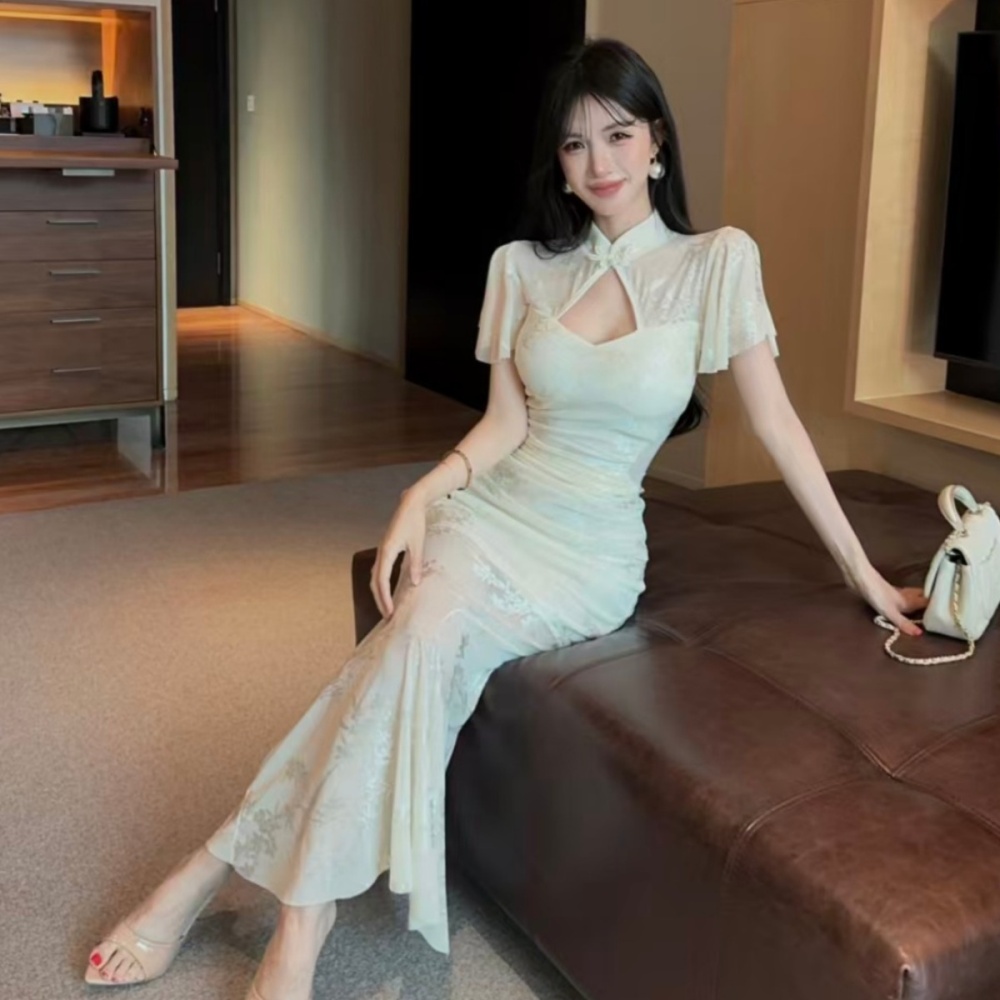 Boats sleeve pinched waist cheongsam long dress for women