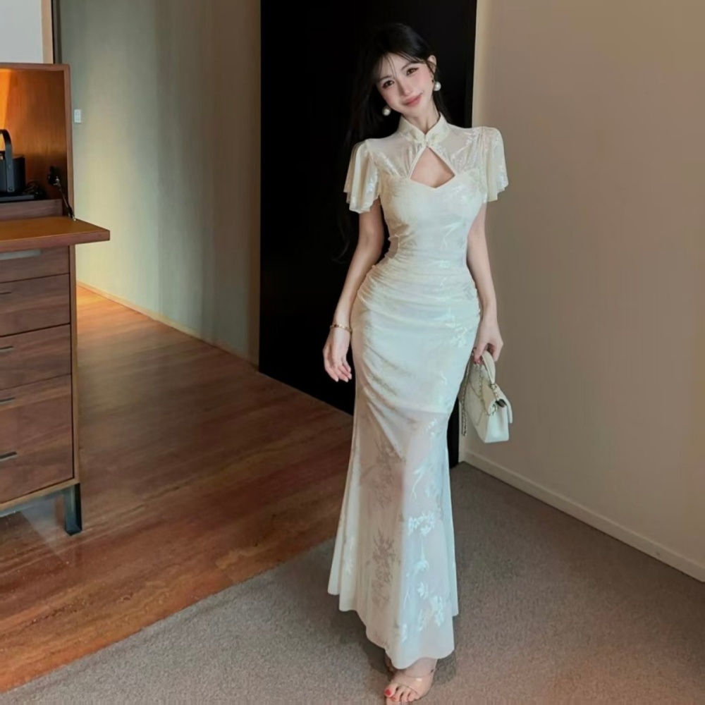 Boats sleeve pinched waist cheongsam long dress for women