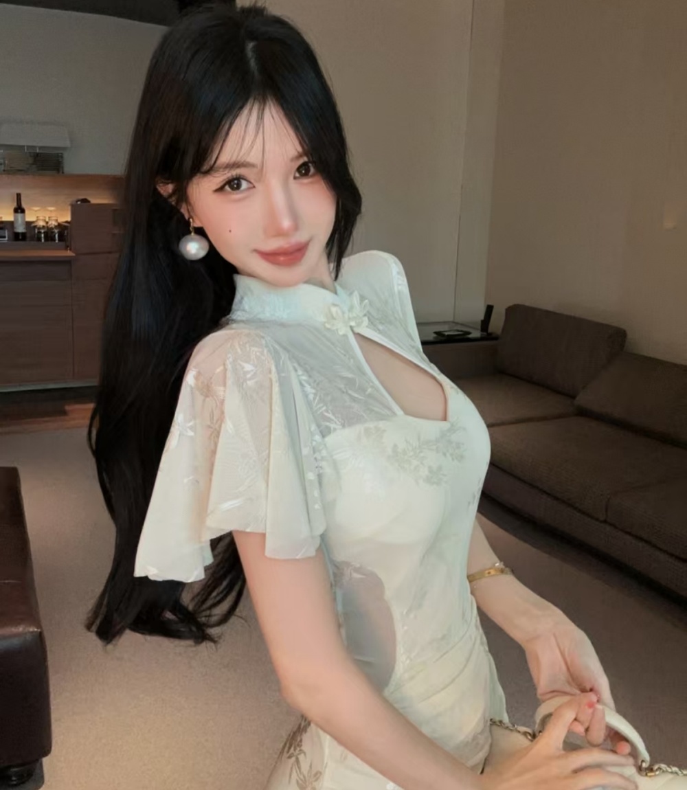 Boats sleeve pinched waist cheongsam long dress for women