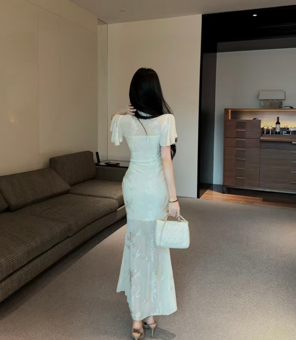 Boats sleeve pinched waist cheongsam long dress for women
