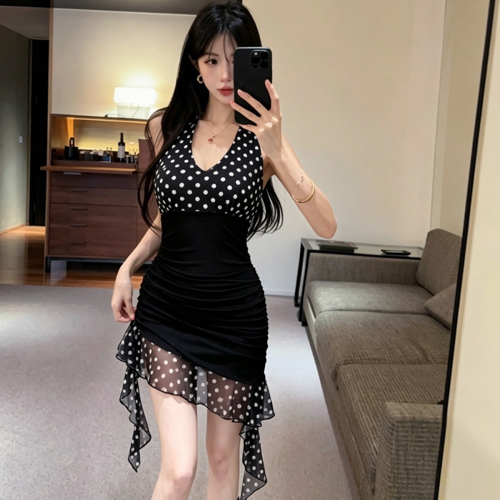 V-neck sexy enticement hip gauze leopard halter low-cut dress