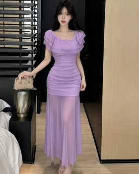 Sweet horizontal collar dress fashion gauze long dress