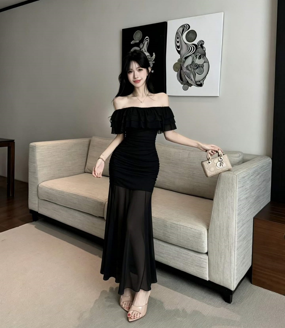 Sweet horizontal collar dress fashion gauze long dress