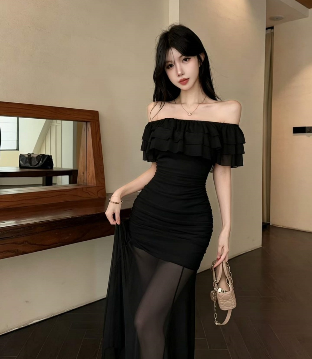 Sweet horizontal collar dress fashion gauze long dress