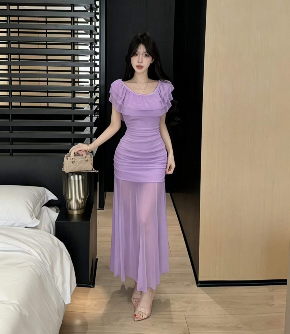 Sweet horizontal collar dress fashion gauze long dress