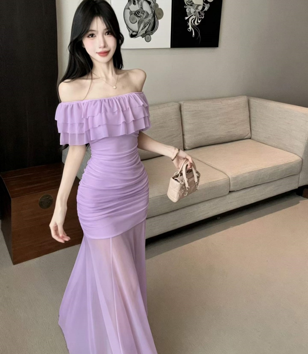 Sweet horizontal collar dress fashion gauze long dress