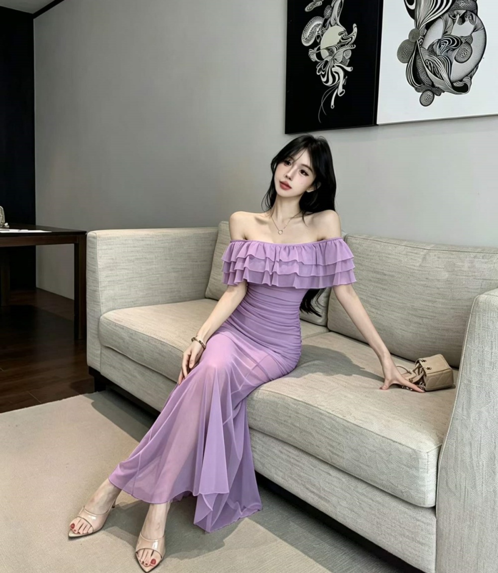 Sweet horizontal collar dress fashion gauze long dress