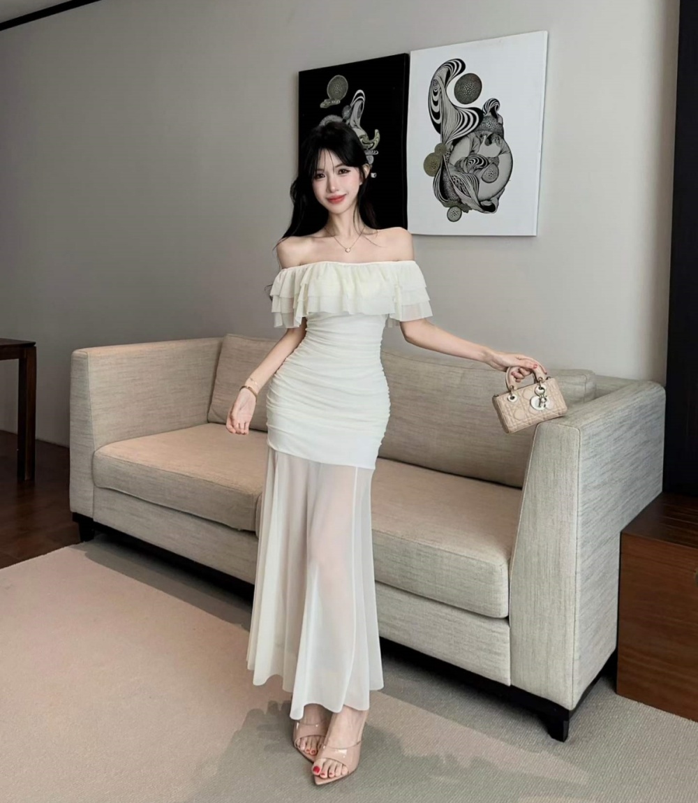 Sweet horizontal collar dress fashion gauze long dress