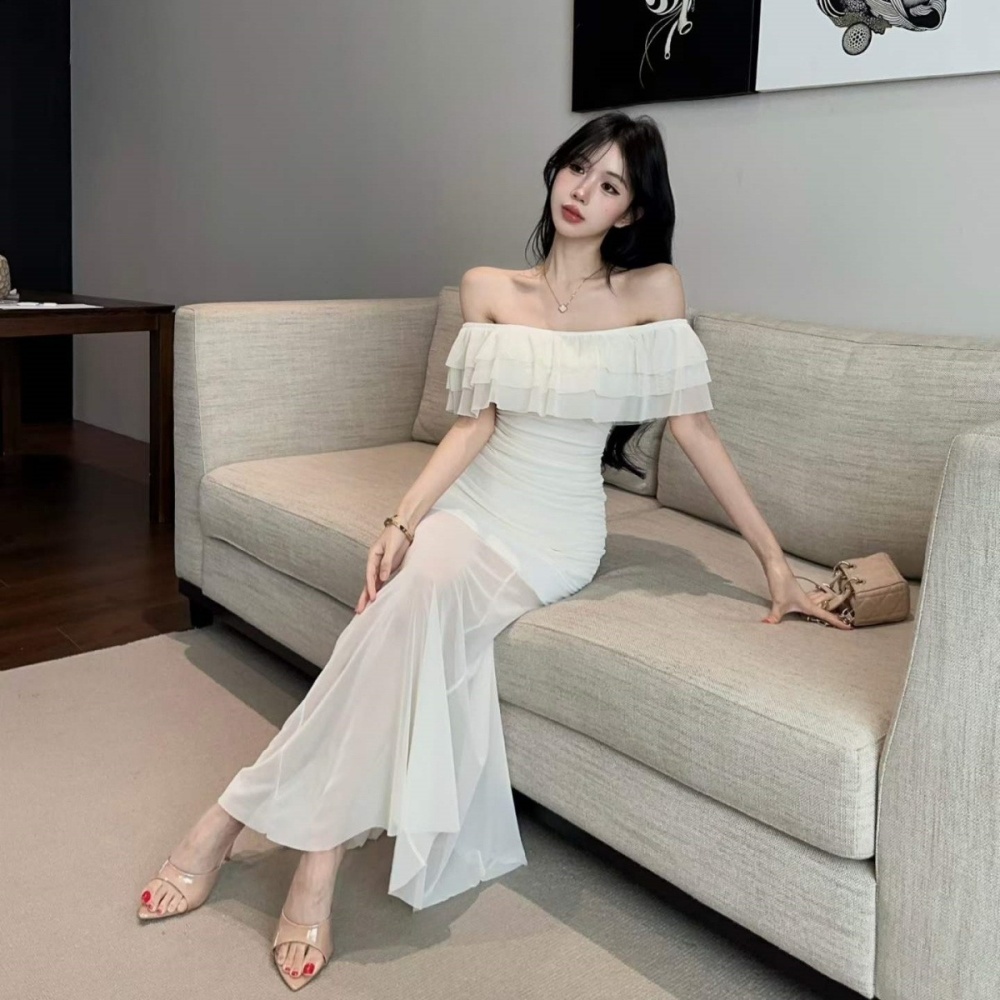 Sweet horizontal collar dress fashion gauze long dress