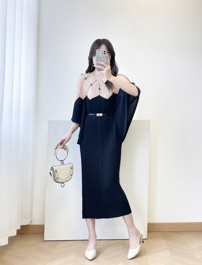 Mixed colors pinched waist dress loose long dress